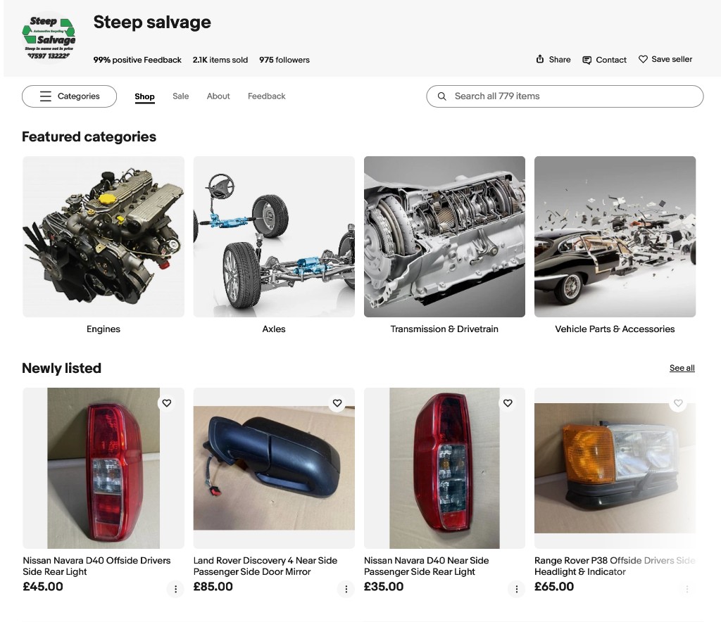 Screenshot of the Steep Salvage eBay store with categories and newly listed parts